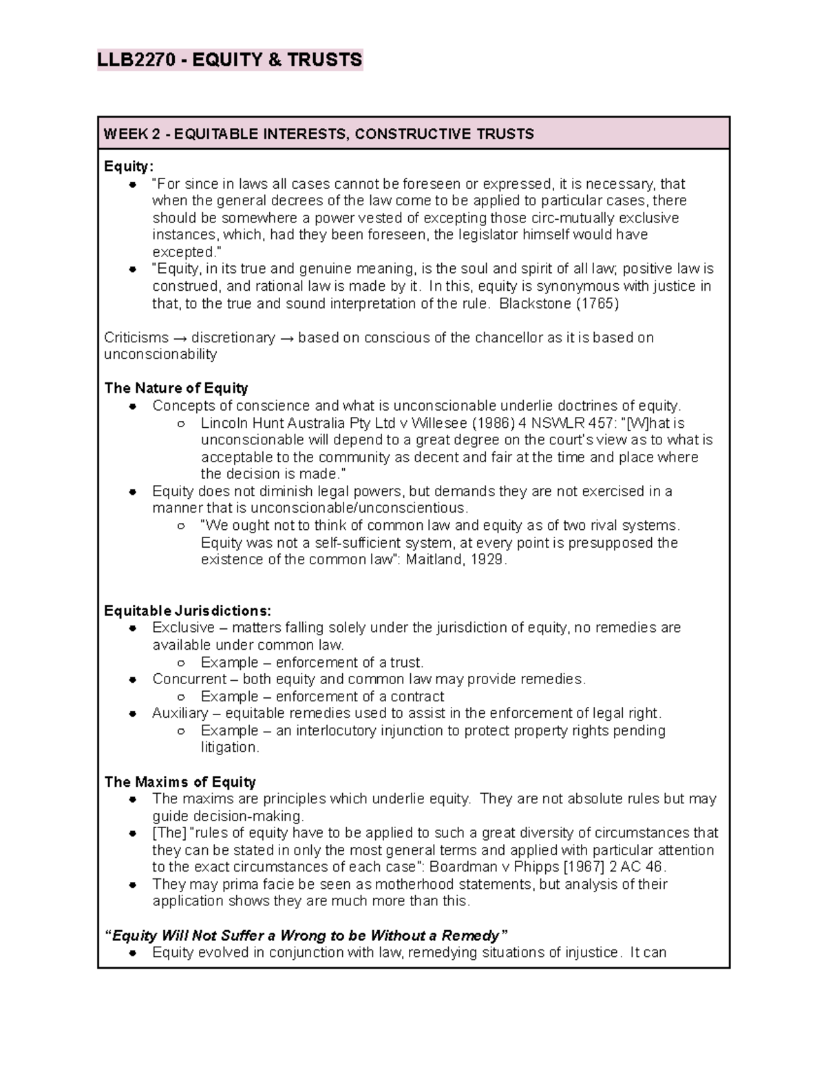 Equity & Trusts Notes - Weeks 1-6 - WEEK 2 - EQUITABLE INTERESTS ...