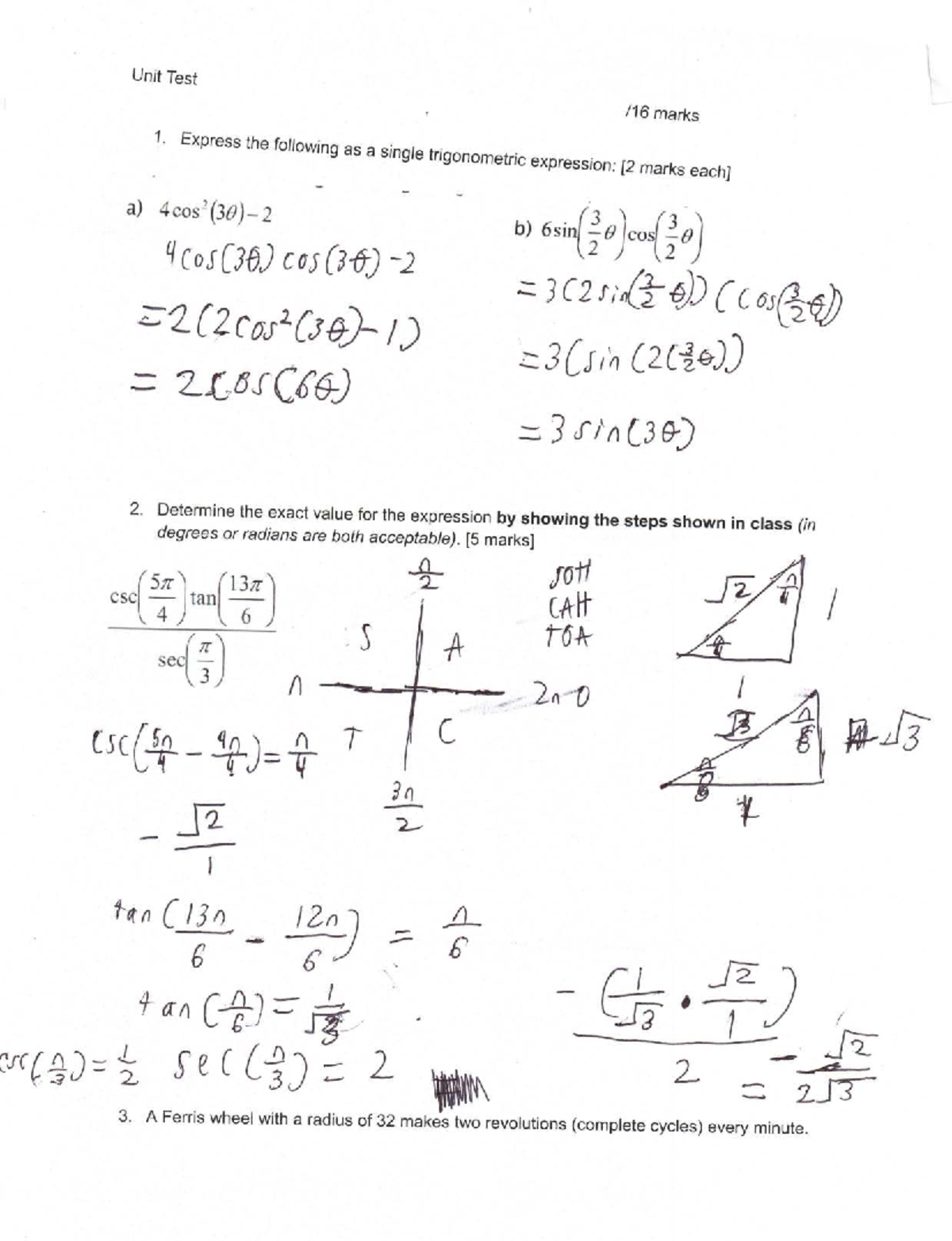 Unit Test: Trigonometric Expressions & Ferris Wheel Calculations - Studocu