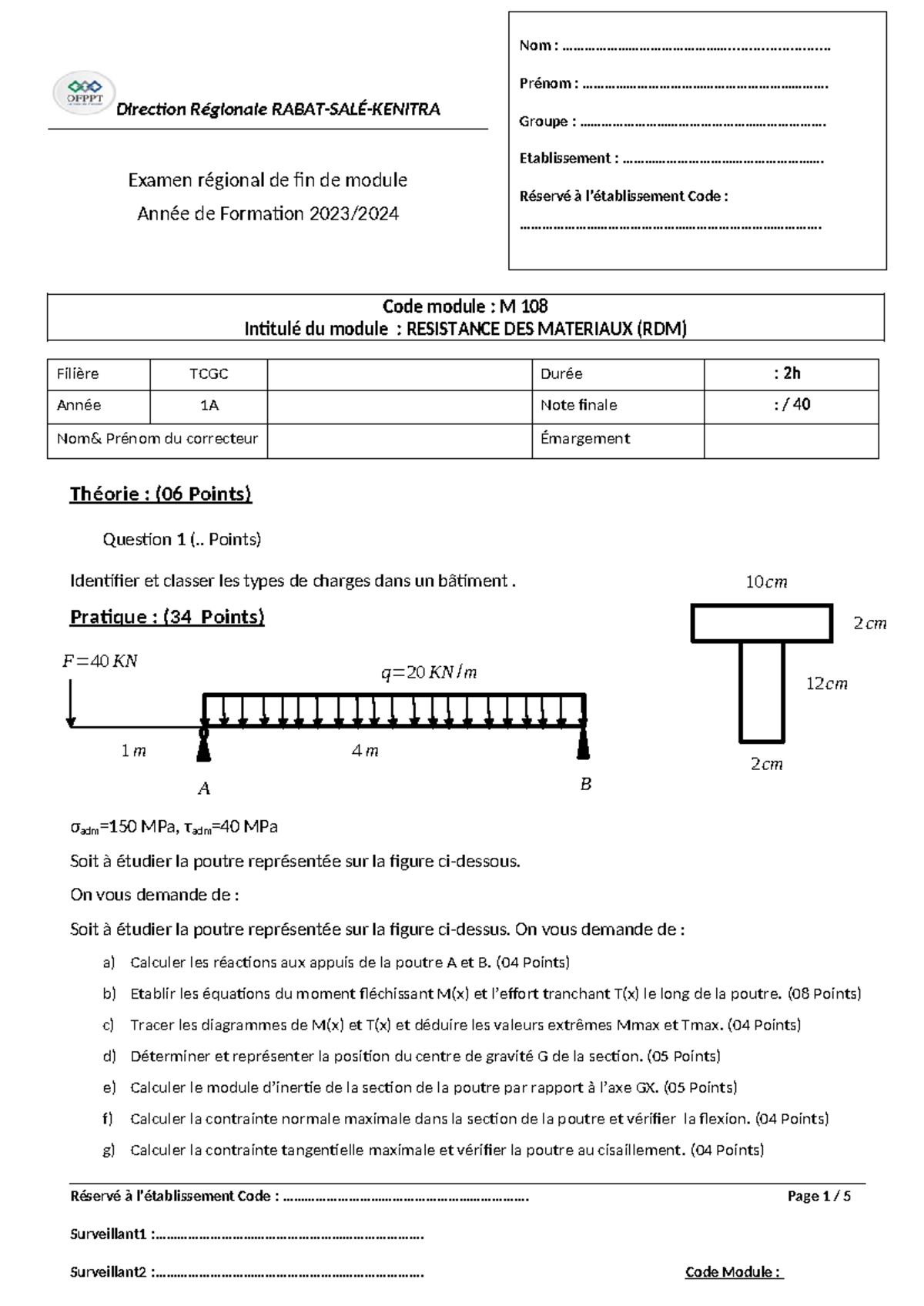 Corrigé EFM M108 - Examen Résistance des Matériaux (RDM) 2023 - Studocu