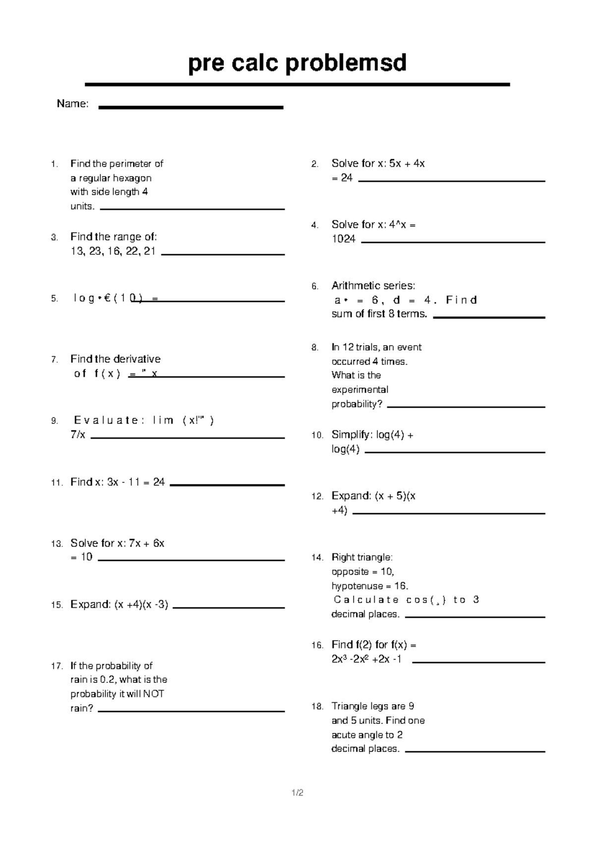 Pre Calc Problems: Practice Questions and Solutions 14 - Studocu