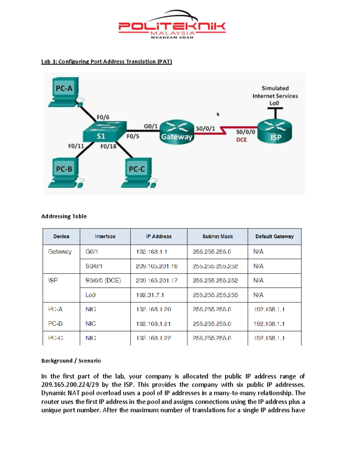 Lab 3 - PAT Configuration and Overview of Dynamic NAT - Studocu