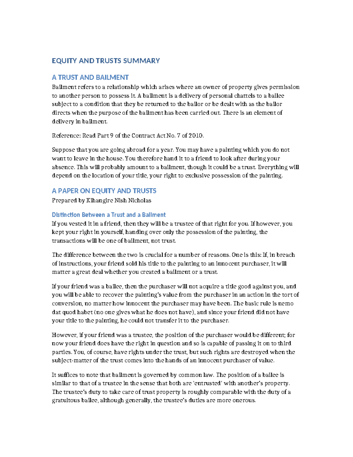 EQUITY AND TRUSTS SUMMARY: DISTINCTION BETWEEN TRUST & BAILMENT - Studocu