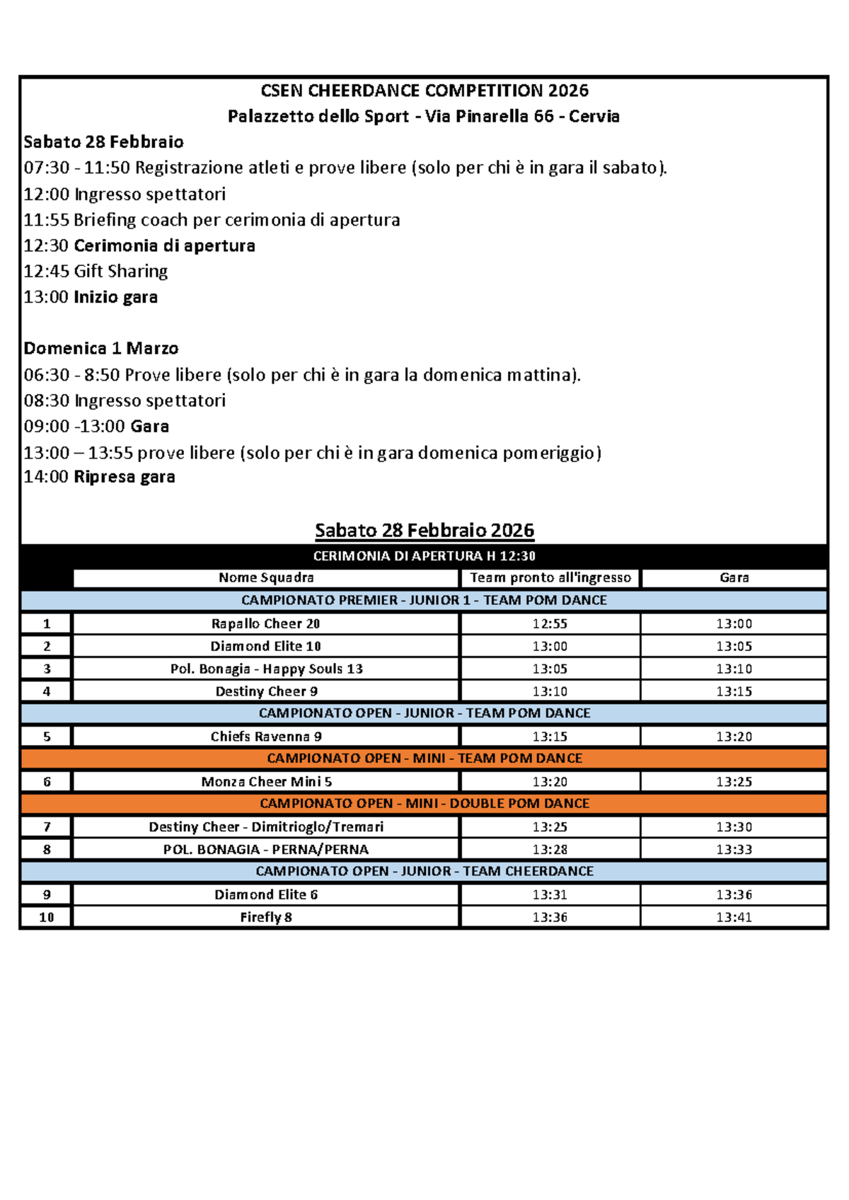 CSEN CHEERDANCE COMPETITION 2026 - Gara Schedule (Feb 28 - Mar 1) - Studocu
