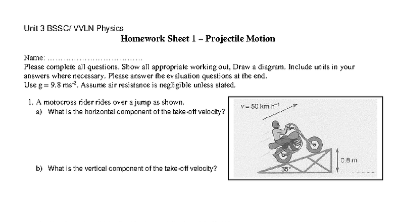 Unit 3 VVLN Physics Homework: Projectile Motion Problems - Studocu