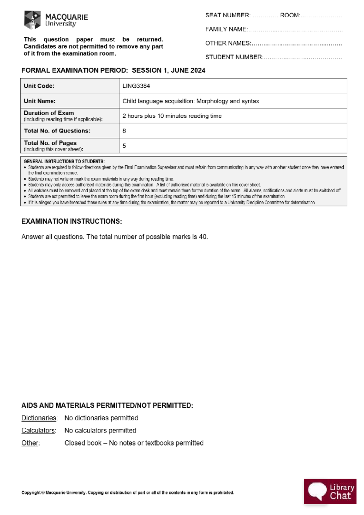 LING3384 Final Exam - Child Language Acquisition 2024 - Studocu
