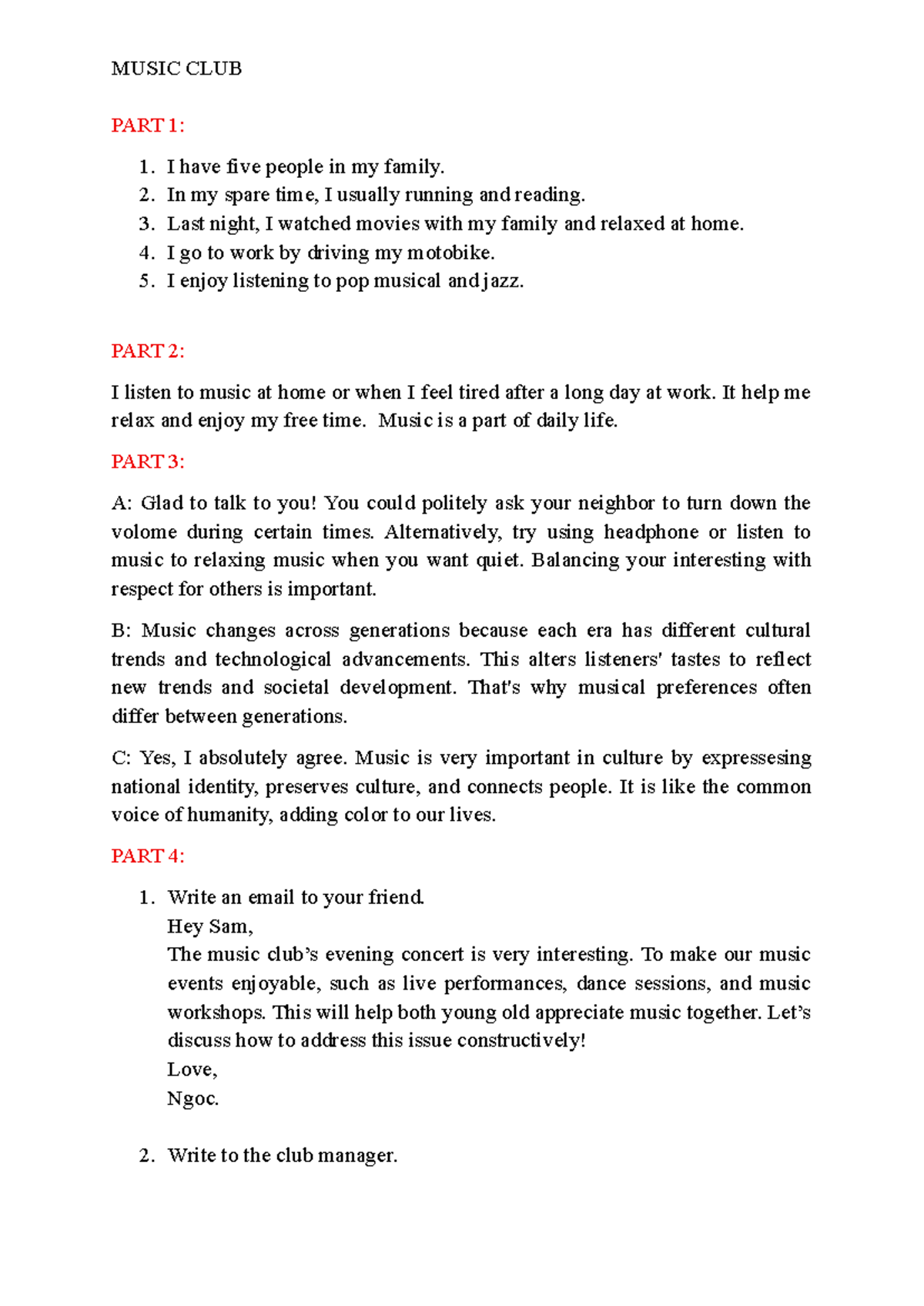 MUSIC CLUB WRITING: Family, Culture, and Enjoyment Insights - Studocu