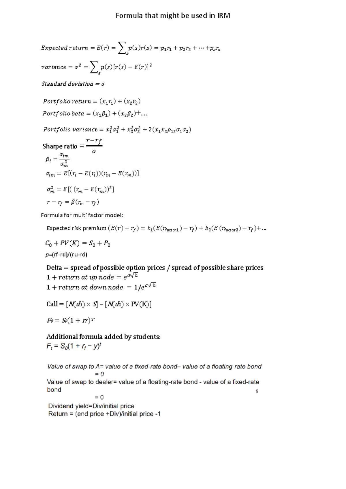 IRM130: Key Formulas for Investment Risk Management - Studeersnel