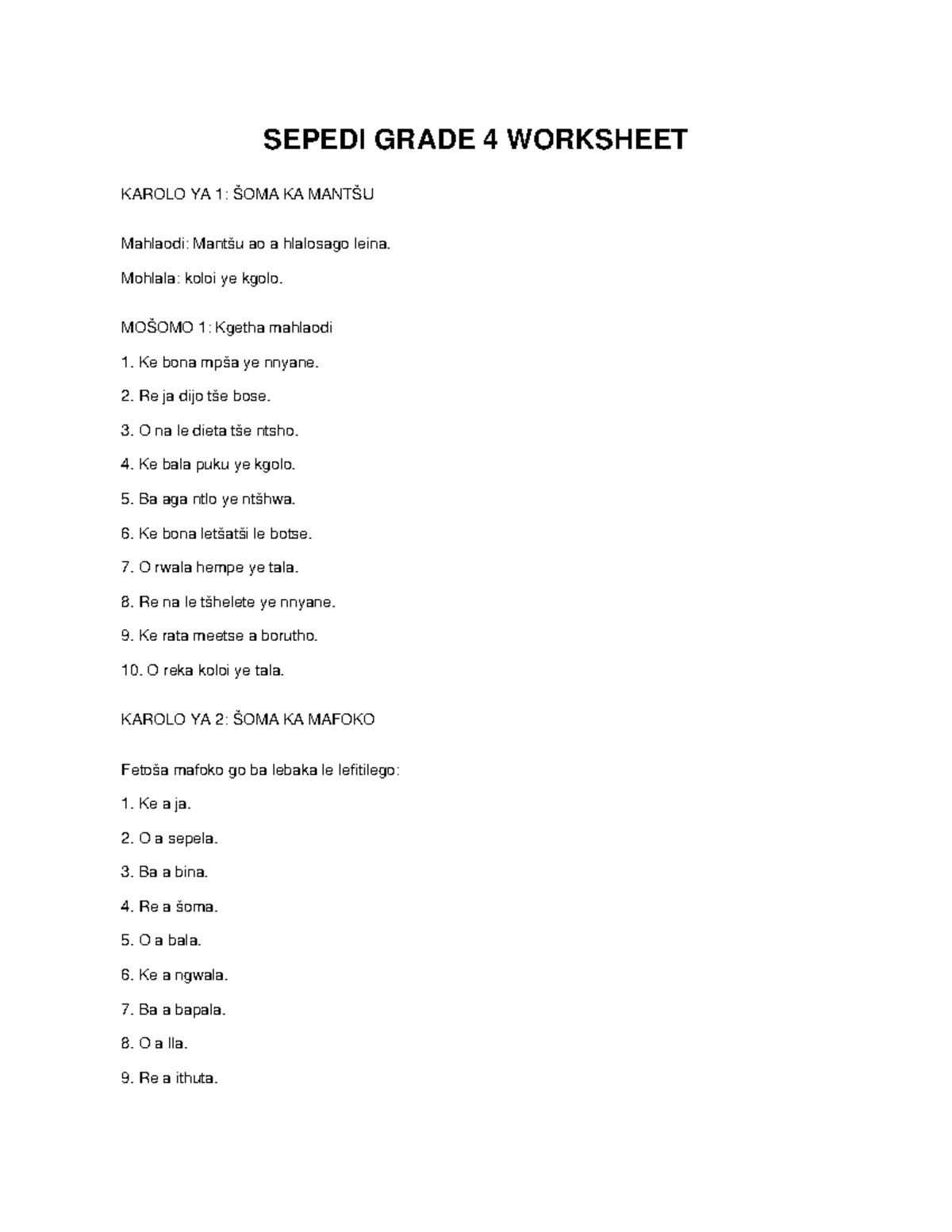 SEPEDI GRADE 4 WORKSHEET: ŠOMA KA MANTŠU & MAFOKO - Studocu