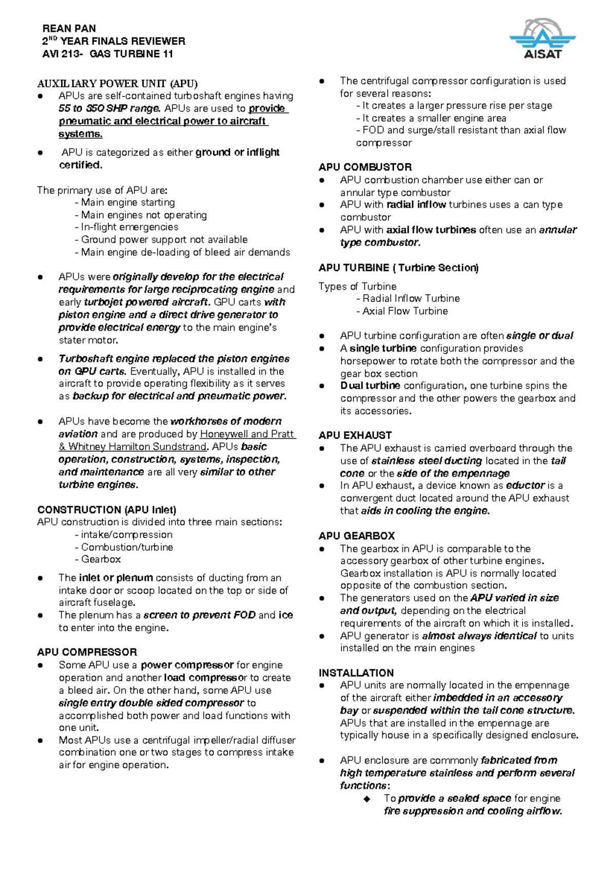AMT-213- Finals - AUXILIARY POWER UNIT (APU) APUs are self-contained ...