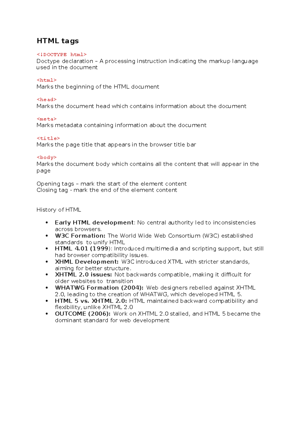 HTML Tags - Comprehensive Notes on Structure and History of HTML - Studocu