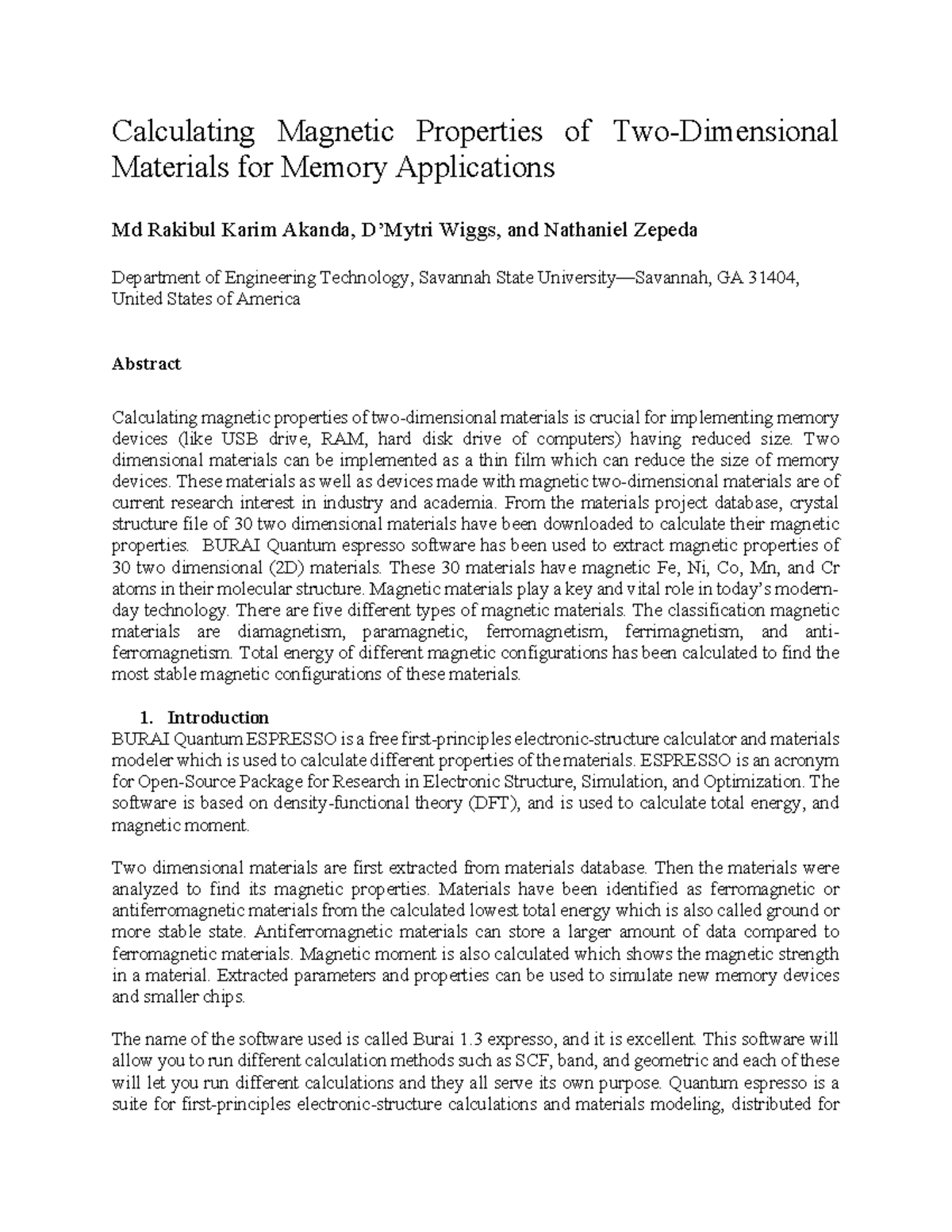 Magnetic Properties of 2D Materials for Memory Applications (ENGT 2401 ...