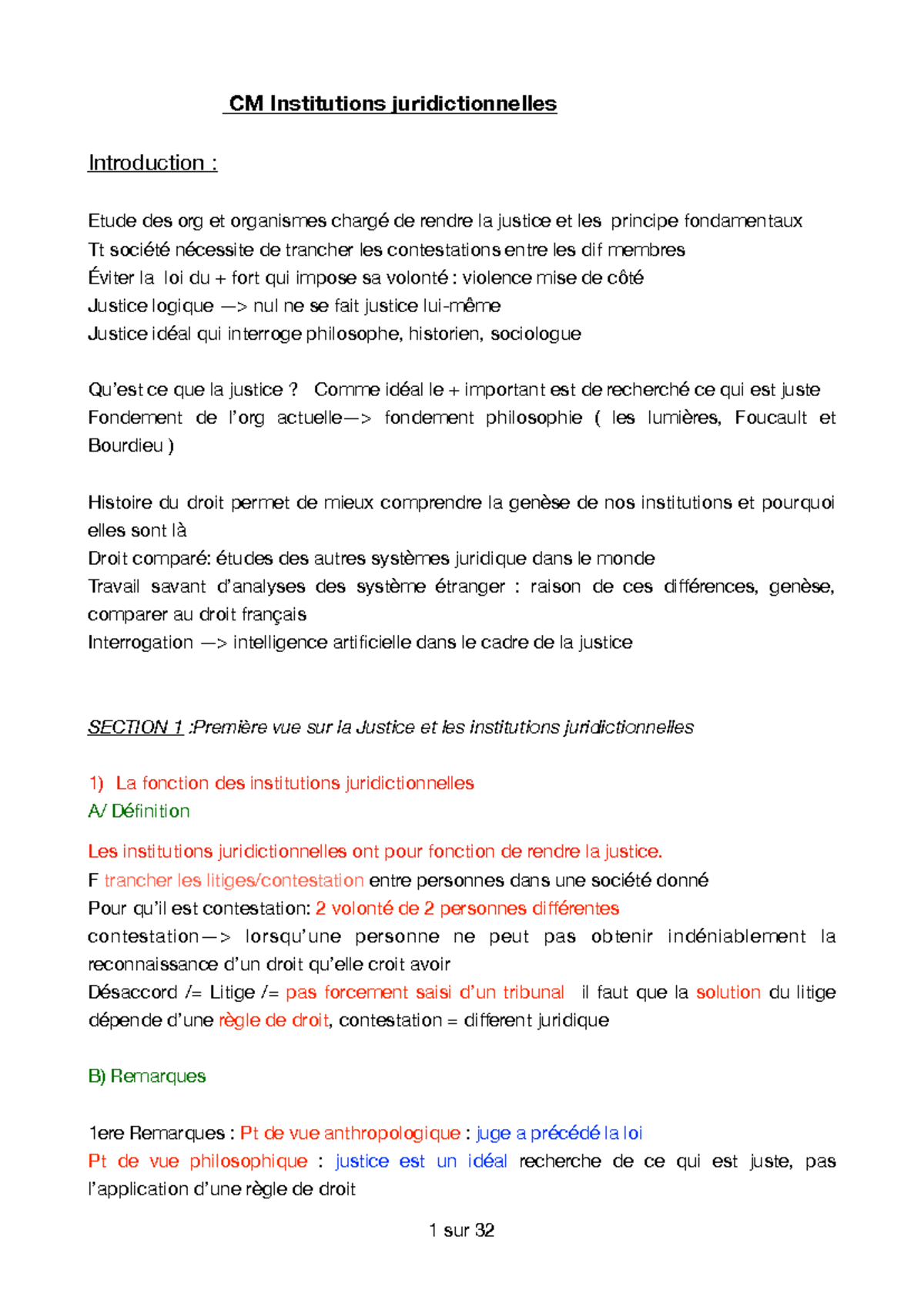 CM 1 Institutions Juridictionnelles : Analyse et Évolution de la ...