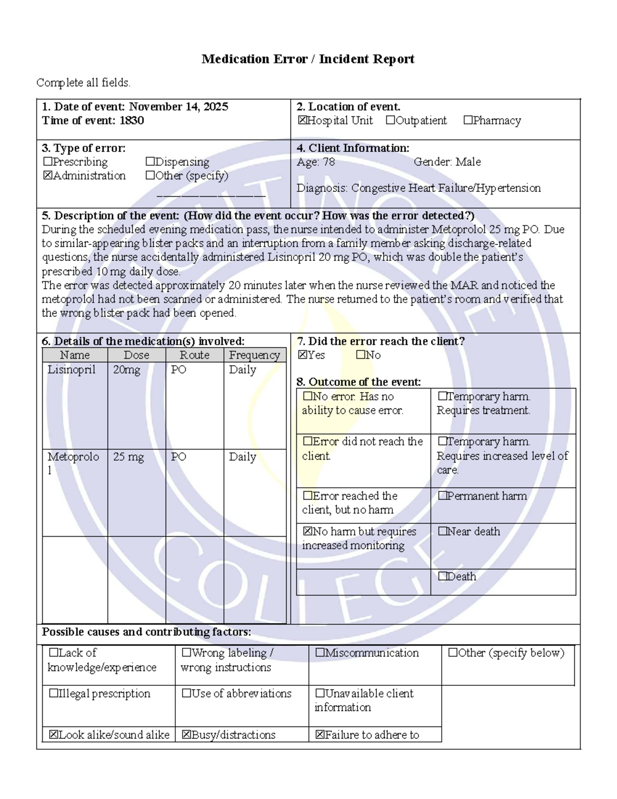 Medication Error Incident Report: Case Study Analysis - Studocu