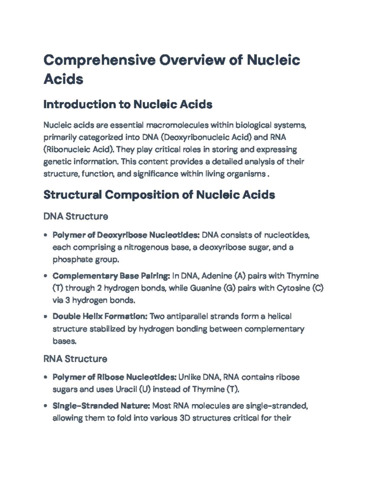 Comprehensive Overview of Nucleic Acids: Structure and Functions ...