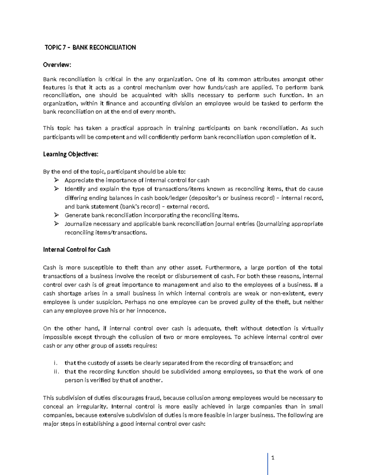 Topic 7 - Bank Reconciliation: Understanding Internal Controls and ...