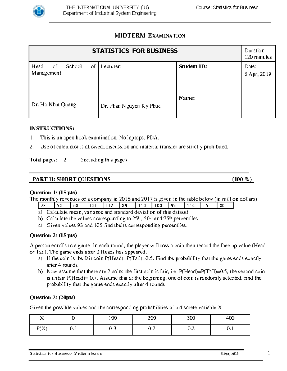 MBA Statistics (STAT 101) Midterm Exam Review - 6 Apr 2019 - Studocu