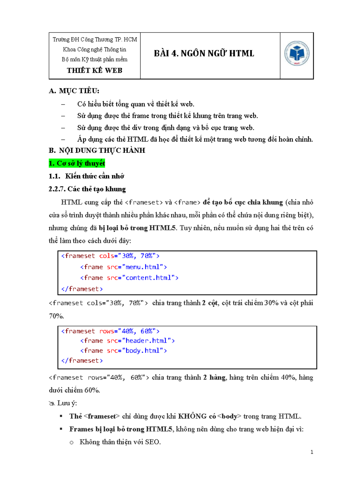 Bài 4: Ngôn Ngữ HTML và Thiết Kế Web - Thực Hành và Bài Tập - Studocu