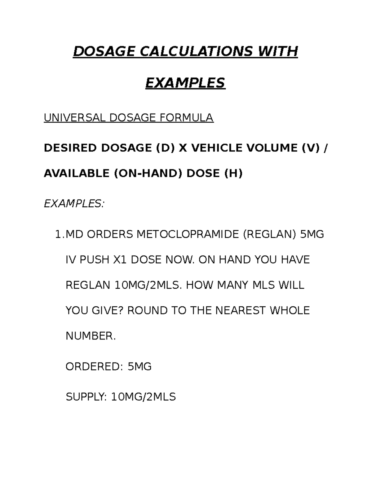 Dosage Calculations and Examples for Nursing Practice - Studocu