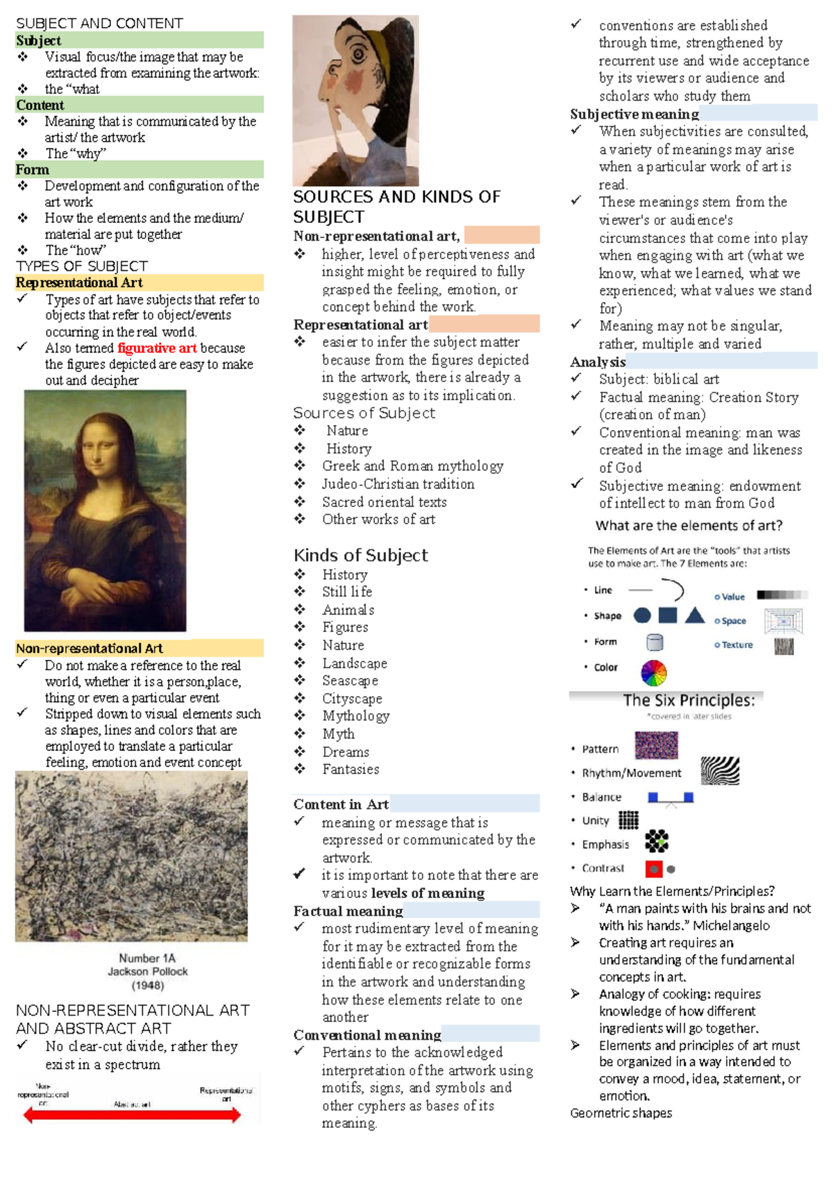 Artapre Notes 2: Understanding Subject and Content in Art - Studocu