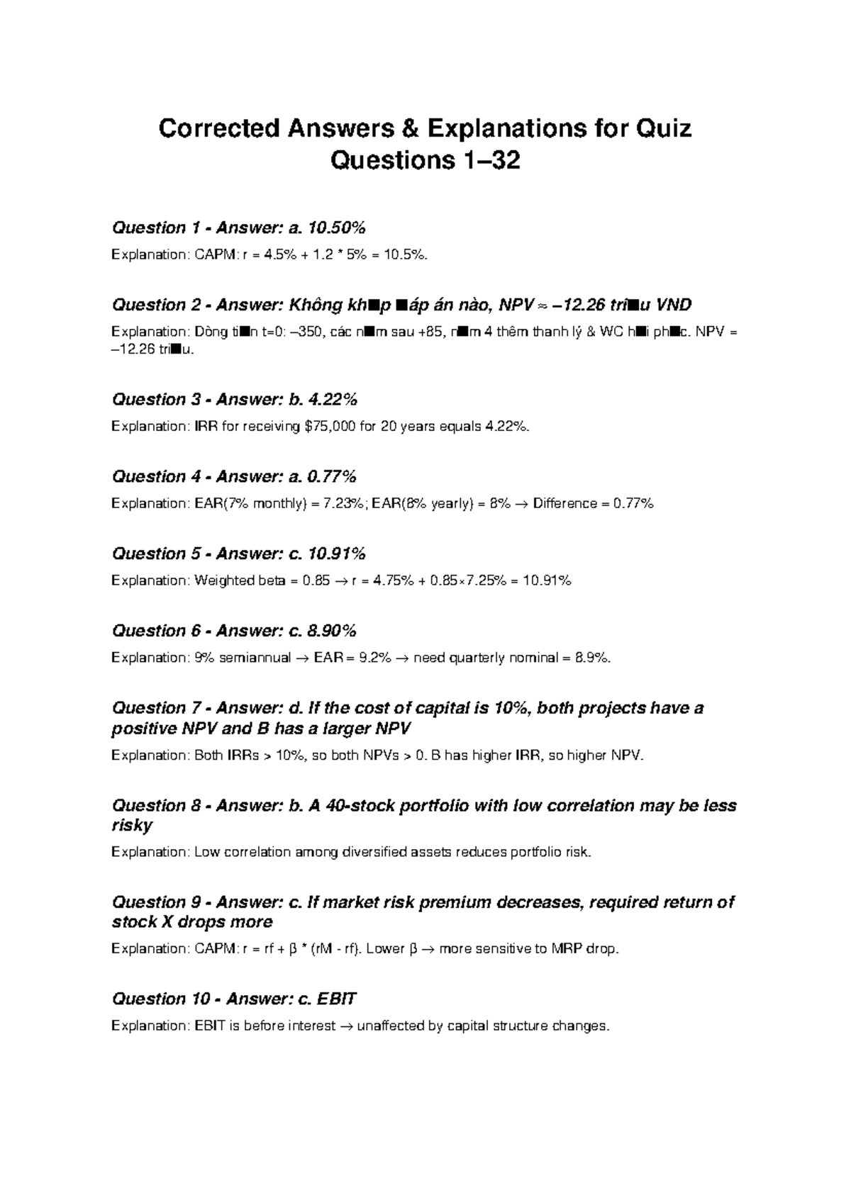 Corrected Answers for Quiz Questions (FIN 101) - Studocu