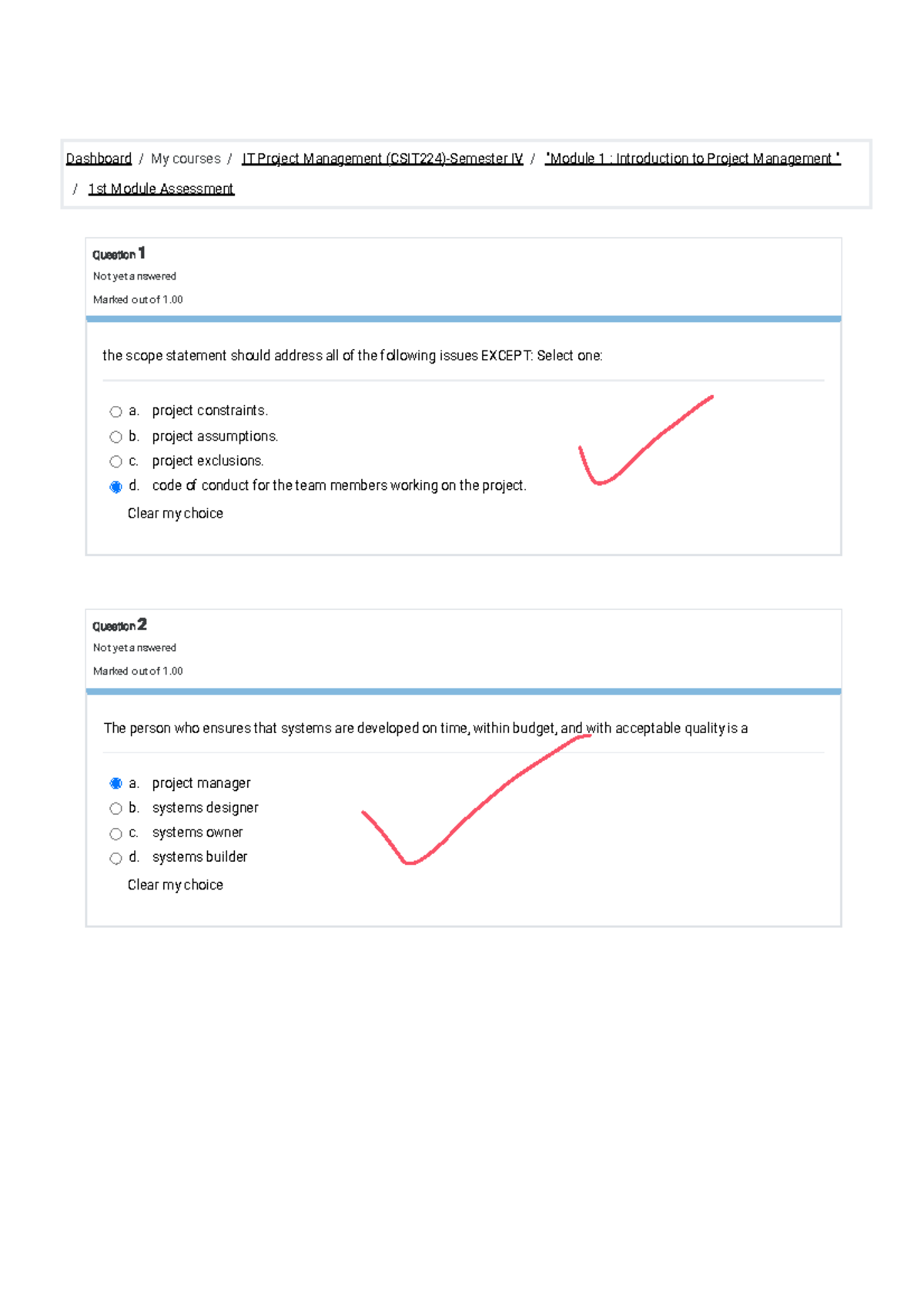 IT 1st Module Assessment: Project Management Quiz Questions - Studocu