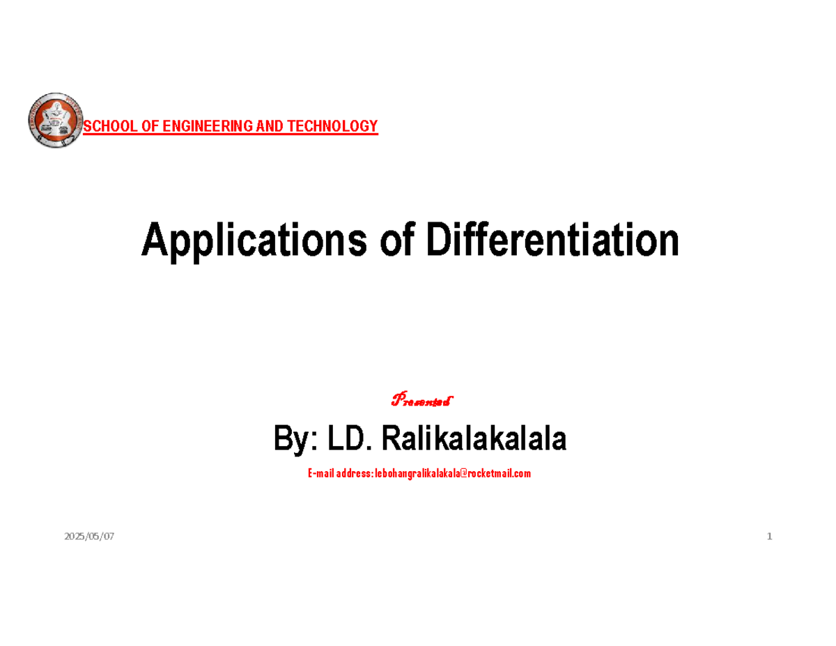 ENGR 101: Applications of Differentiation in Engineering Mathematics ...