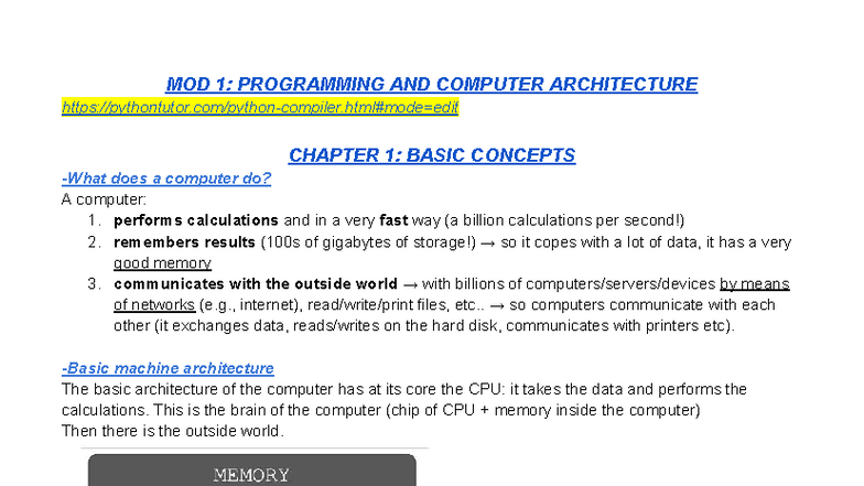 MOD 1: PROGRAMMING & COMPUTER ARCHITECTURE - CH 1: BASIC CONCEPTS - Studocu