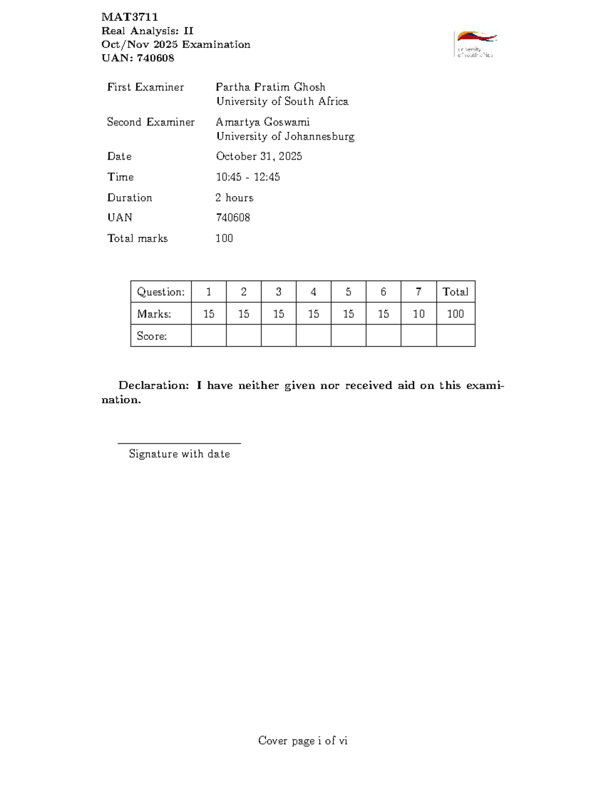 MAT3711 Real Analysis II: 2025 Exam Instructions and Questions - Studocu