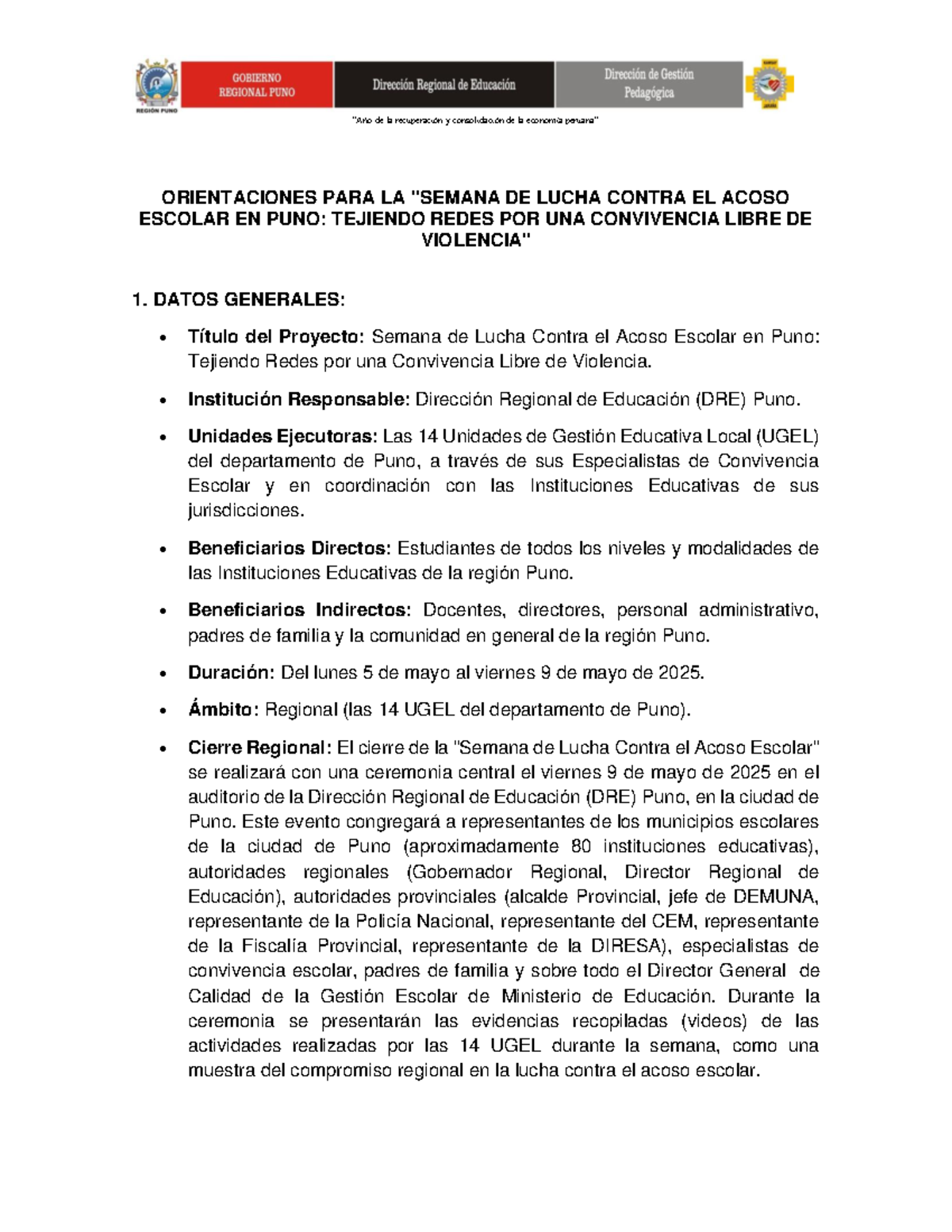 Directiva para la Semana de Lucha Contra el Acoso Escolar en Puno - Studocu