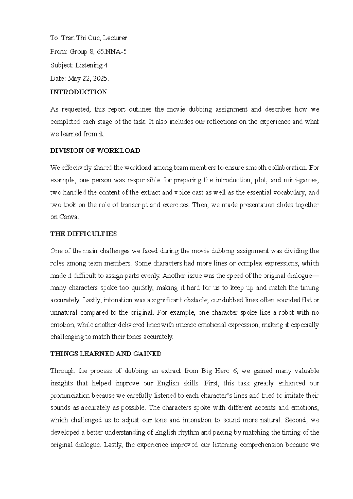 Movie Dubbing Assignment Report - Group 8 - Listening 4 - 65NNA-5 - Studocu