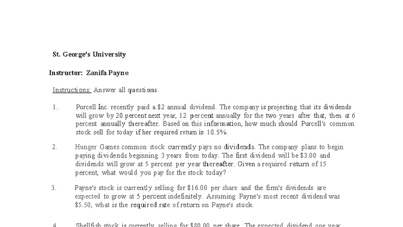 Stock Valuation Questions for FIN 301: Instructor Zanifa Payne - Studocu