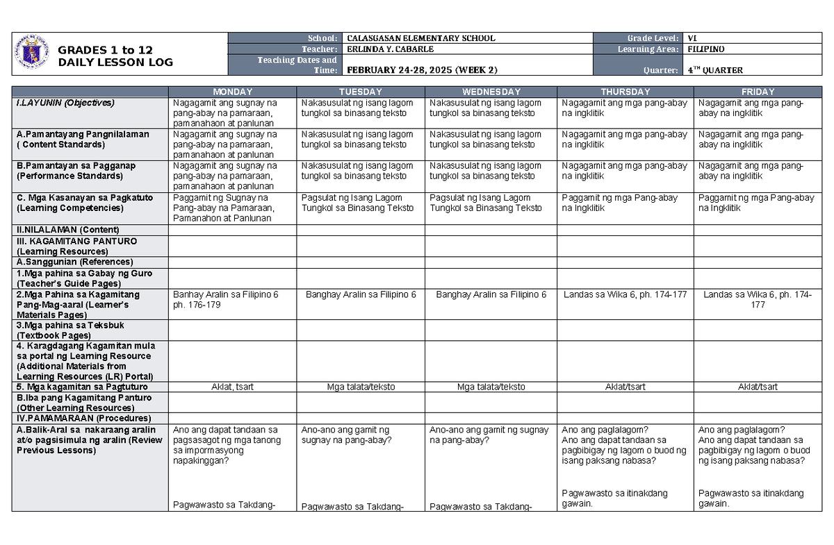 DLL Filipino 6 Q4 W2 - Daily Lesson Log - GRADES 1 to 12 DAILY LESSON ...
