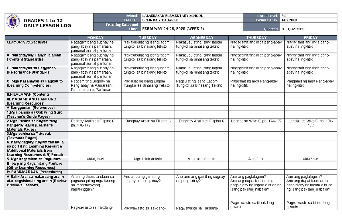 DLL Filipino 5 Q4 W2 - Week 2 Daily Lesson Plan for Grade V - Studocu