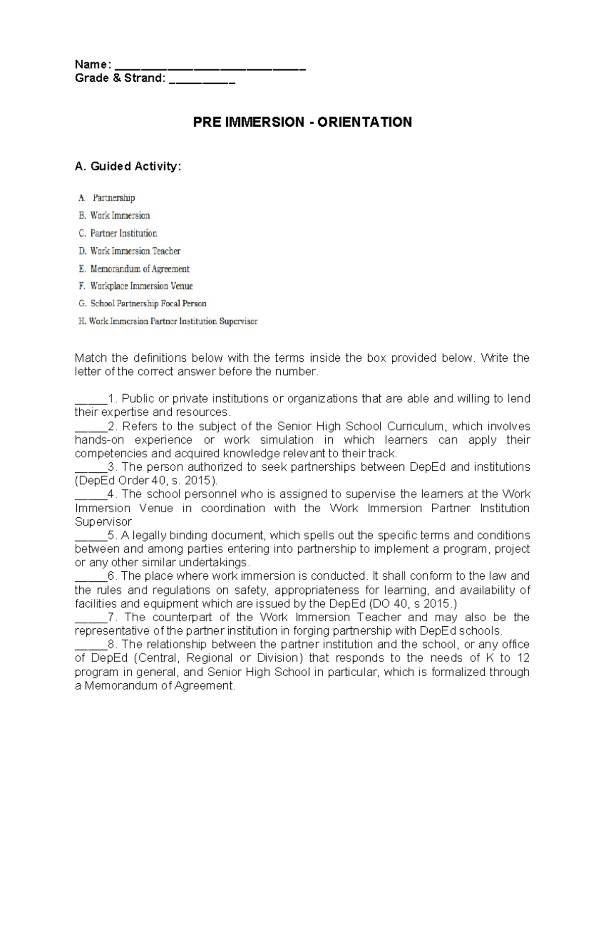 L1 Work Immersion: Guided Activity & Essay on Workforce Ethics - Studocu
