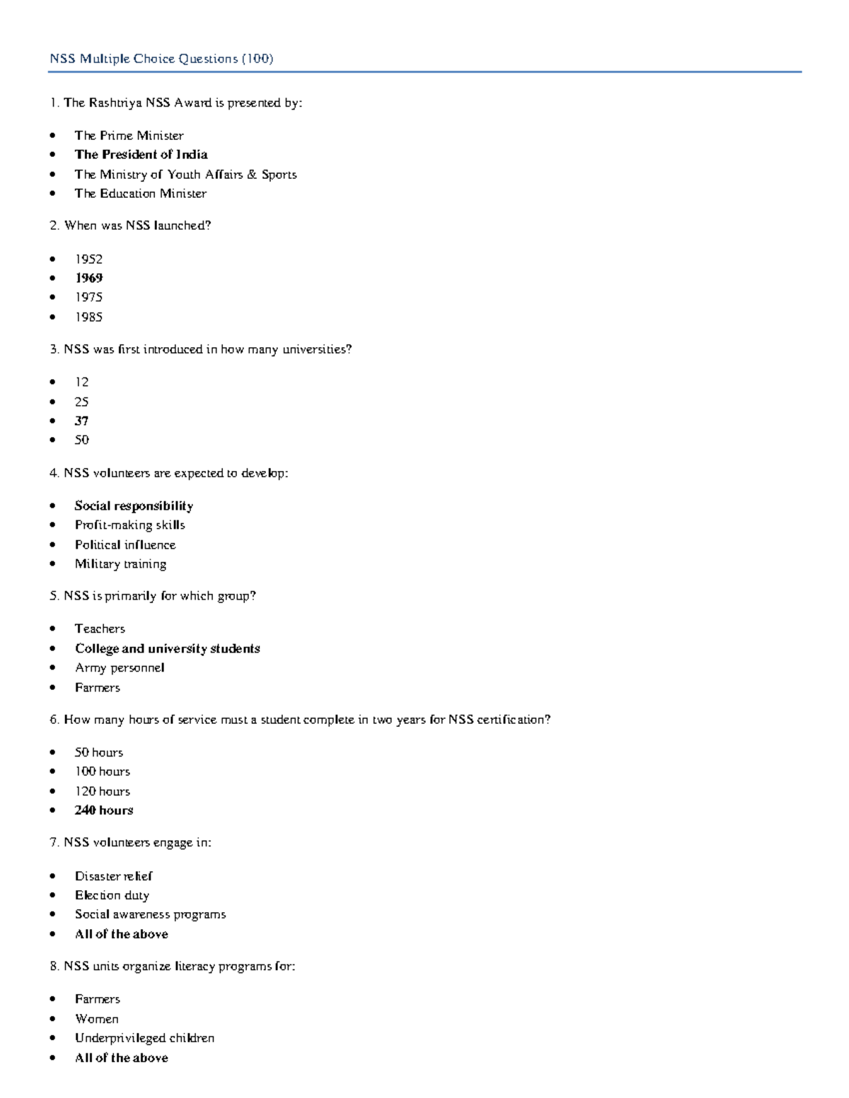 NSS 100 MCQ Questions for National Service Scheme Exam Prep - Studocu