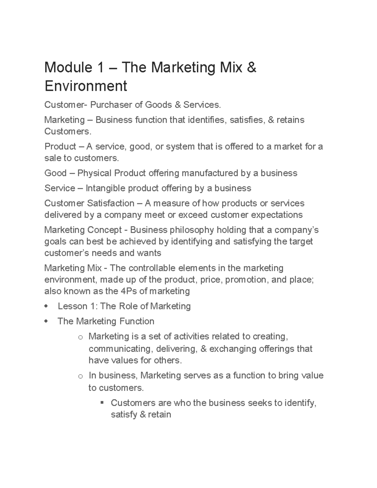 Notes for the modules within the course - Module 1 – The Marketing Mix ...