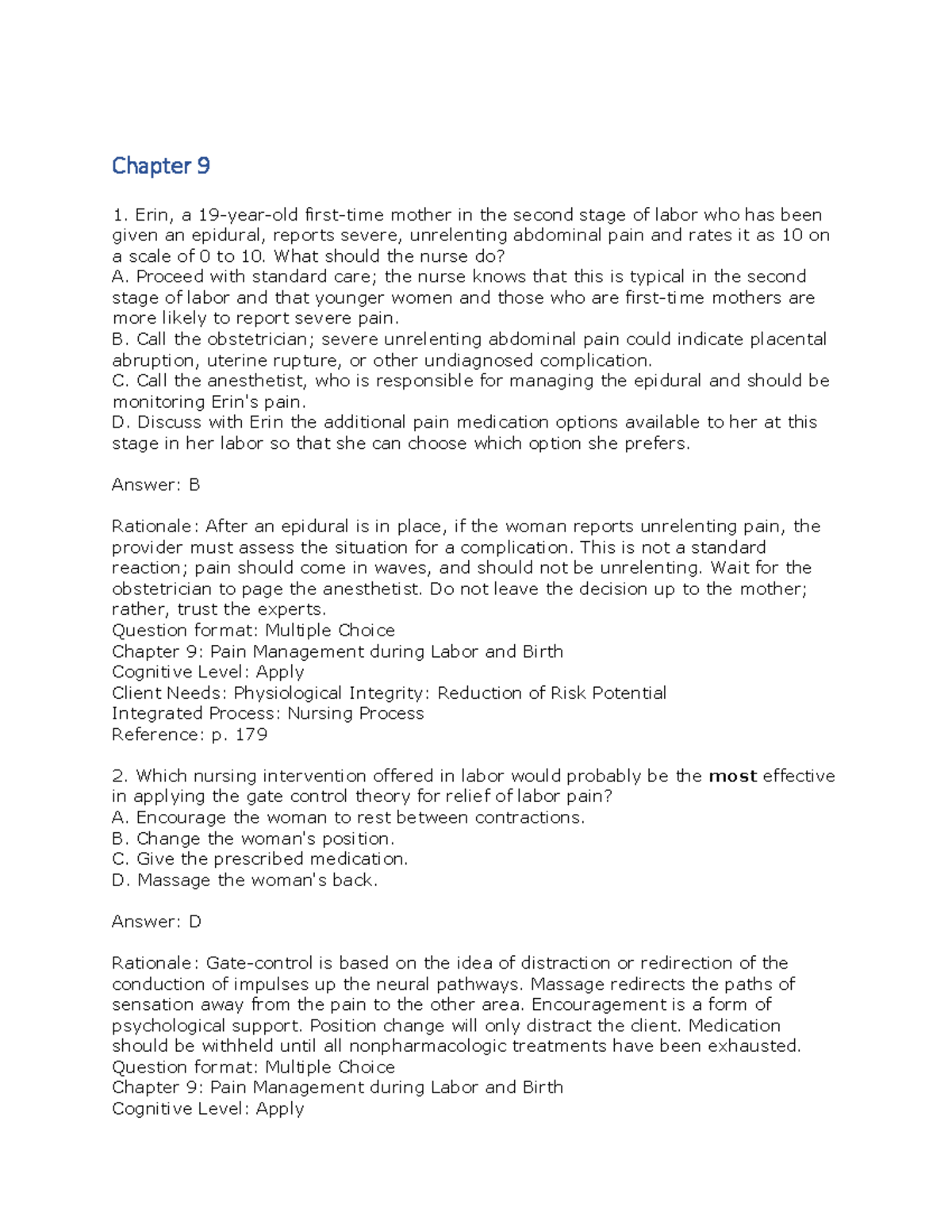 Chapter 9: Pain Management during Labor and Birth (TB) - Studocu