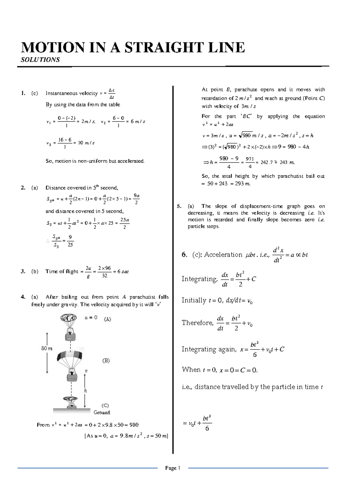 MOTION IN A STRAIGHT LINE: SOLUTIONS & ANALYSIS (PHYS 101) - Studocu
