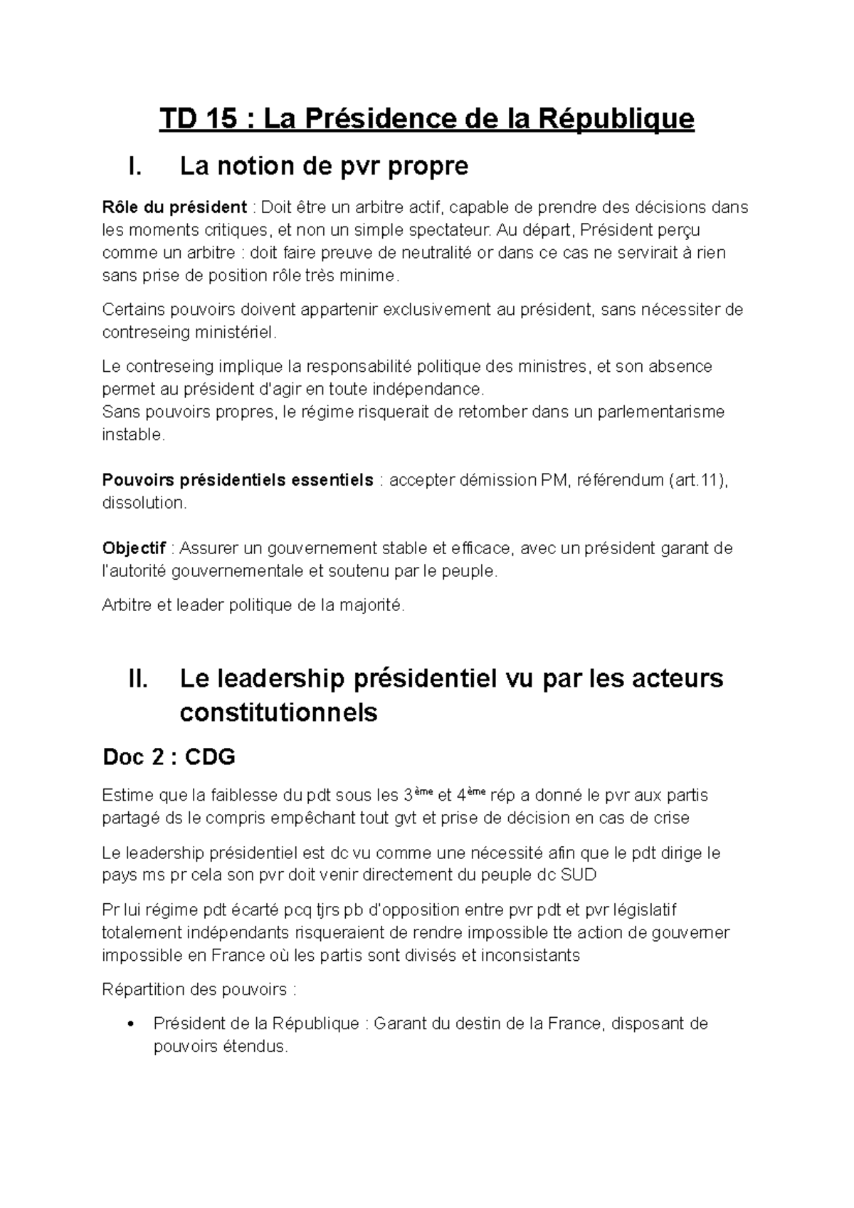 TD 15 : La Présidence de la République et le Rôle du Président - Studocu