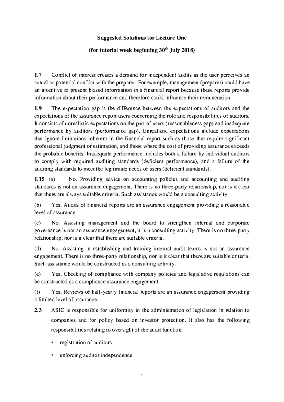 Tutorial solutions for Tutorial One - Suggested Solutions for Lecture ...
