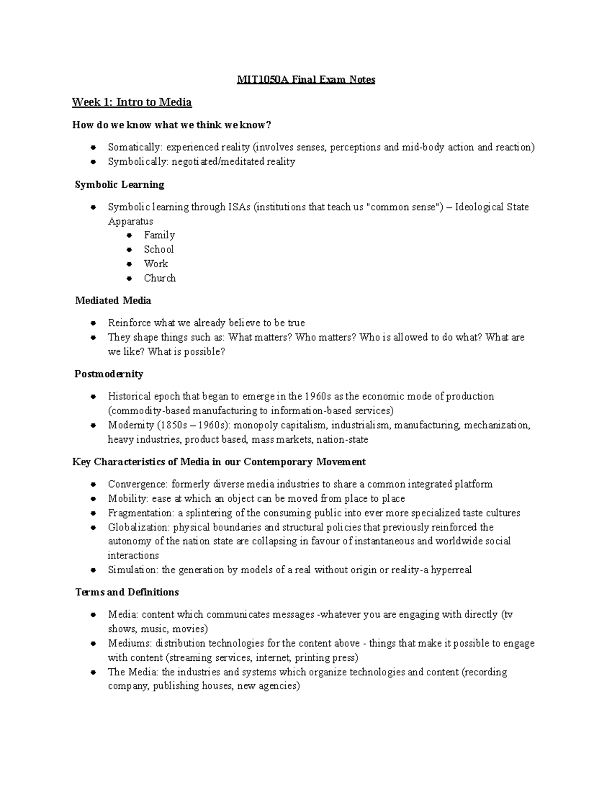MIT1050A Final Exam Notes: Media Concepts and Ownership Insights - Studocu