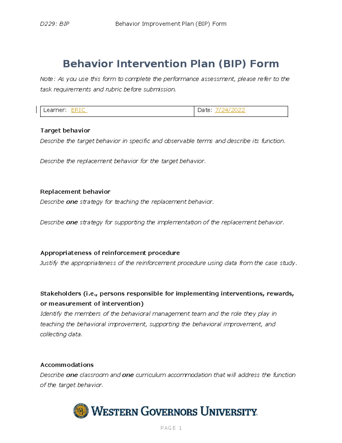 D229: Behavior Intervention Plan (BIP) Form Guidelines - Studocu