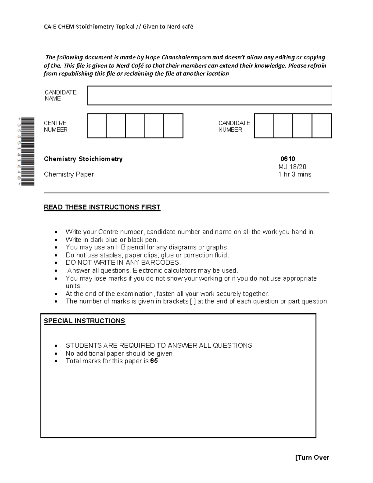 CAIE CHEM 0610 Stoichiometry Exam Paper Notes - Studocu