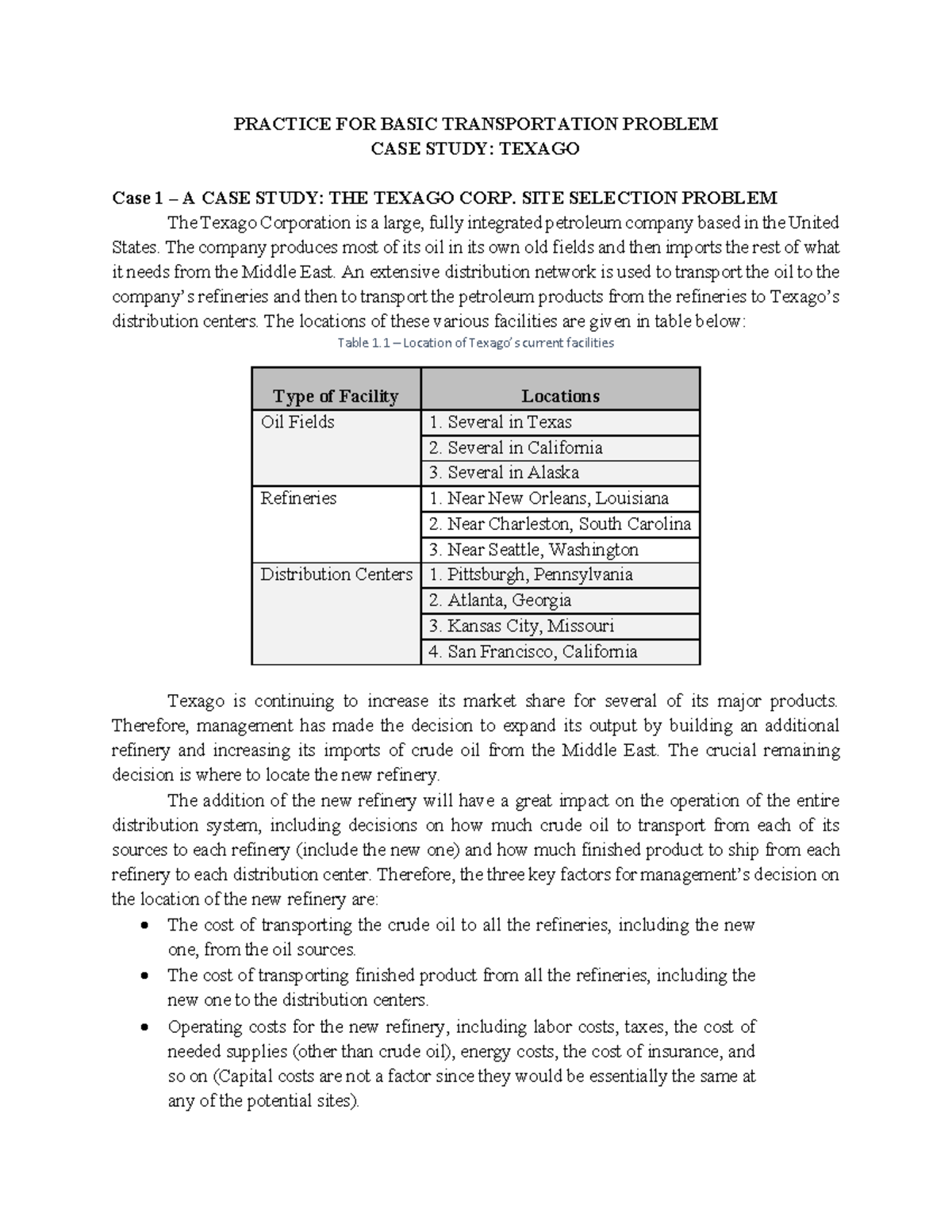 PRACTICE FOR BASIC TRANSPORTATION PROBLEM CASE STUDY: TEXAGO Corp ...