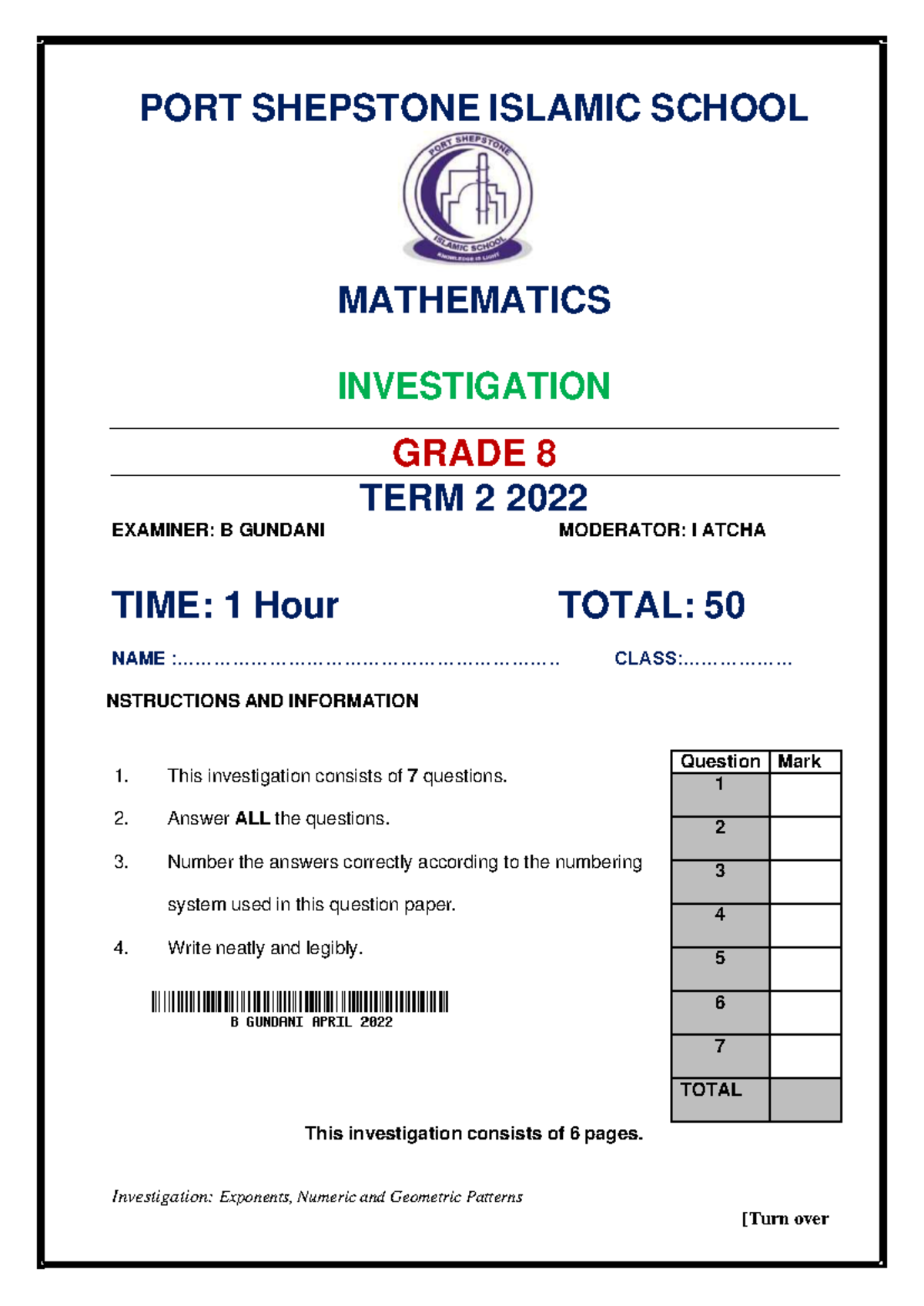 Mathematics Investigation for Grade 8 - Term 2 2022 (027449558) - Studocu