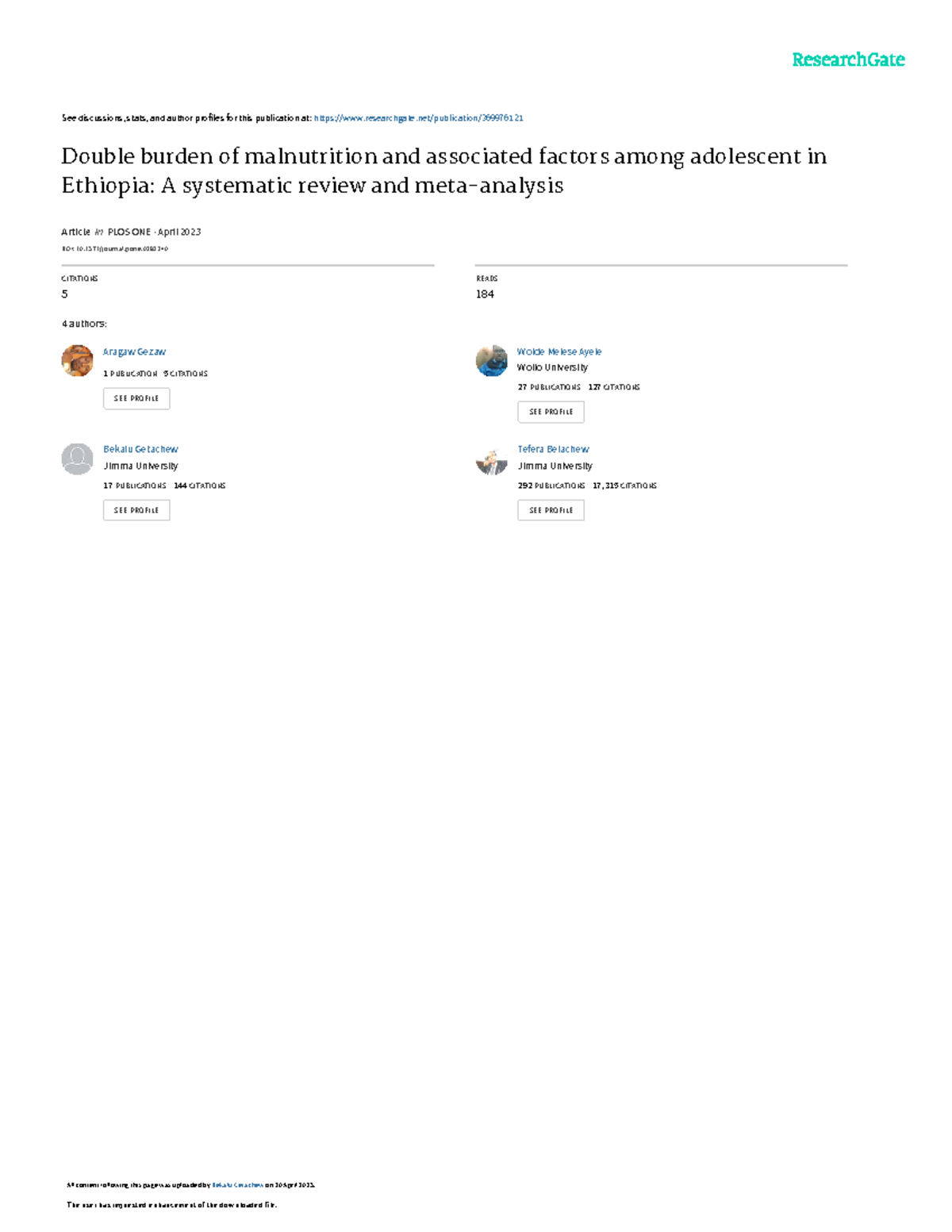 Double Burden of Malnutrition Among Adolescents in Ethiopia: A ...