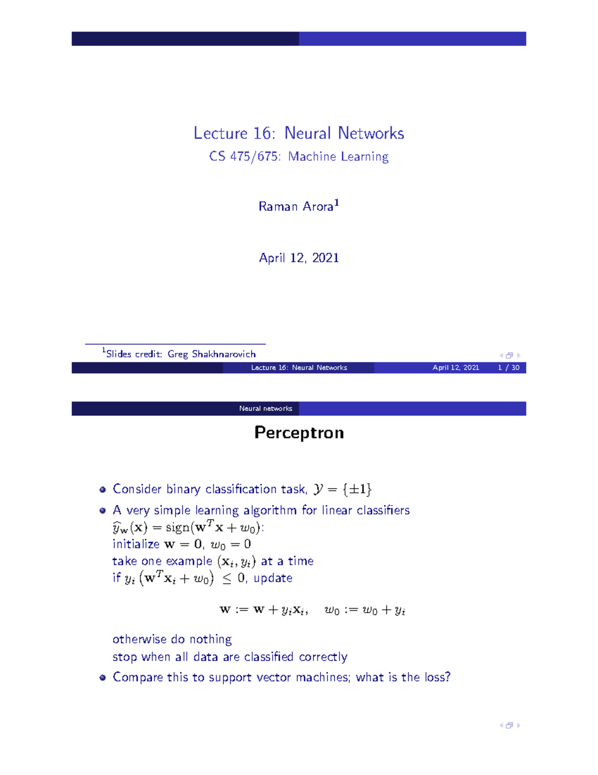 Cs475-675 lecture 16 handout - Lecture 16: Neural Networks CS 475/675 ...