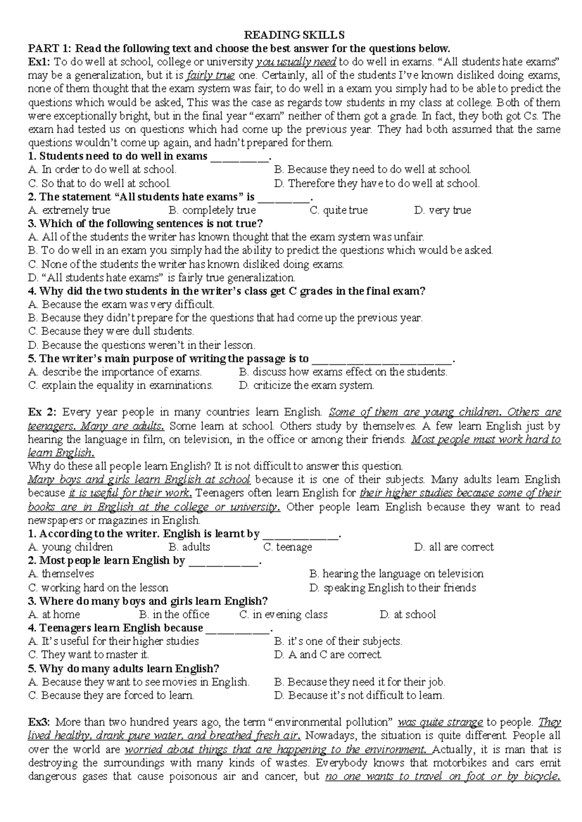 Reading Skills 1: Comprehension Exercises and Questions - Studocu