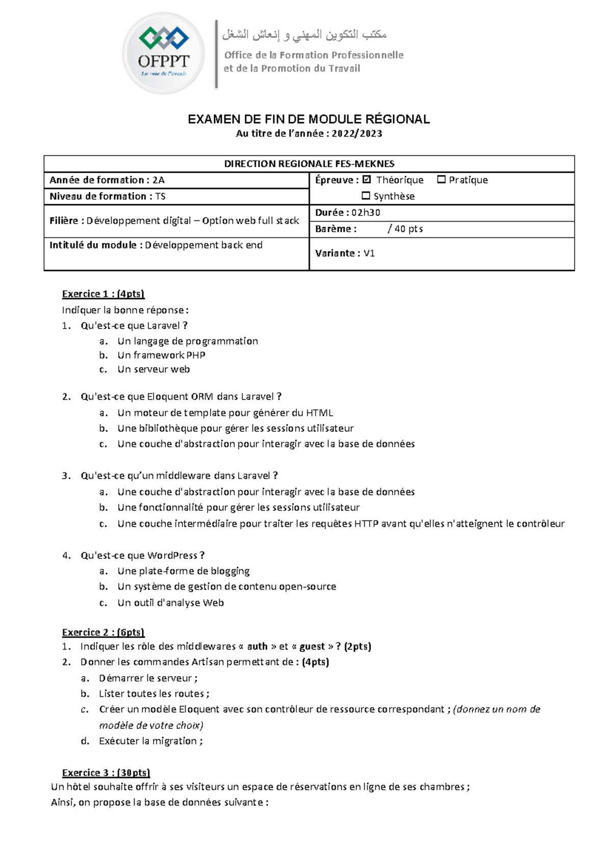 EXAMEN DE FIN DE MODULE RÉGIONAL TS - Développement Back End 2A - Studocu