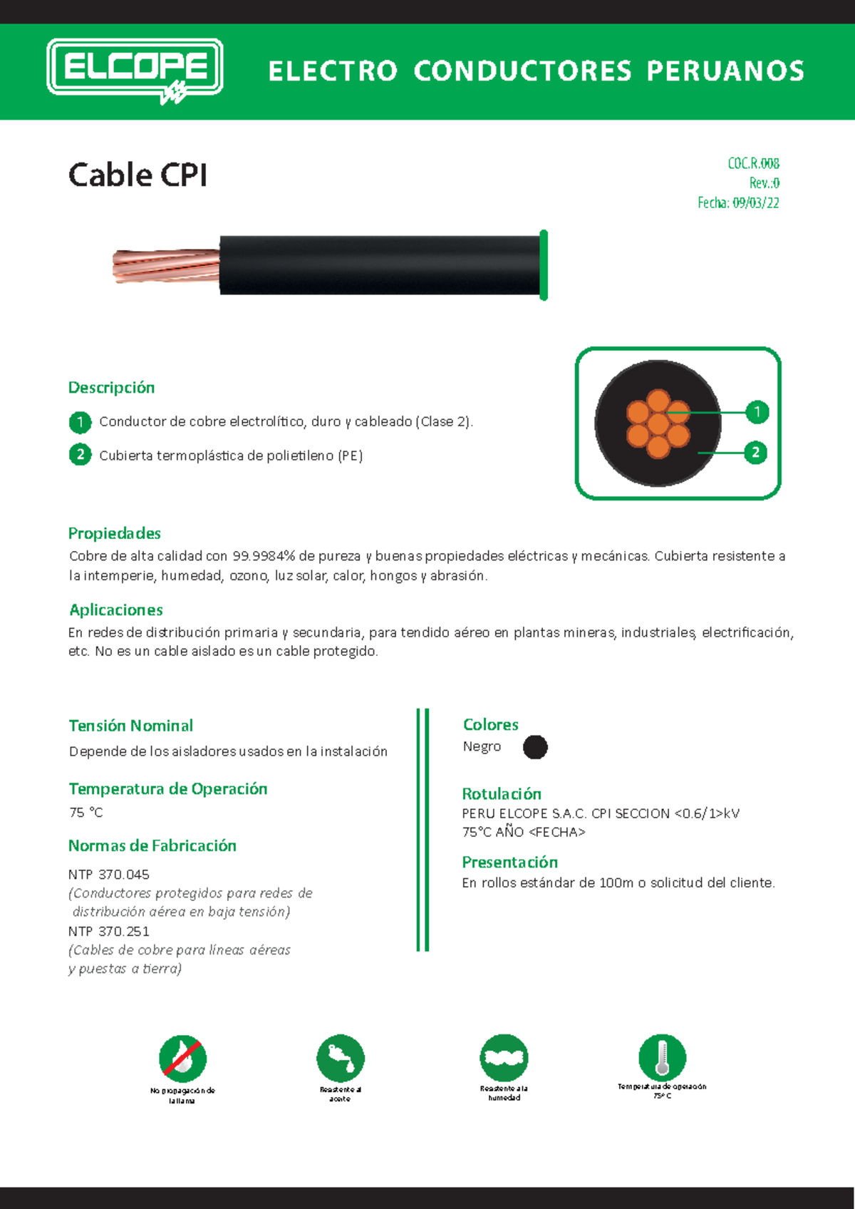 Ficha Técnica del Cable CPI - Propiedades y Aplicaciones (75°C) - Studocu